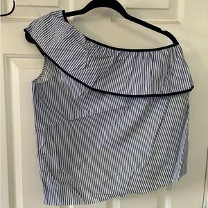 J. Crew Blue and White Striped One-Shoulder Blouse